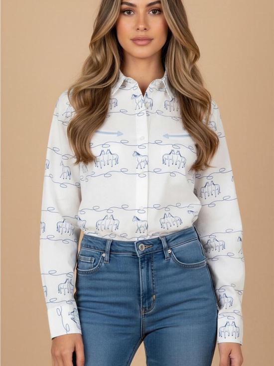 Wrangler Blues Tops - Wrangler Blues Retro Womens Ivory Horse Western Shirt L Cotton Equestrian Rodeo